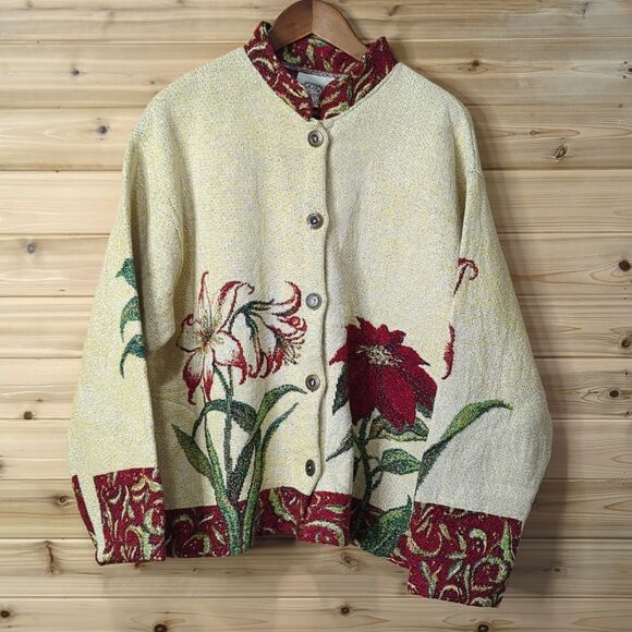 Sugar Street Weavers Jacket Womens XL Christmas Floral Metallic Vintage Tapestry - Picture 1 of 11